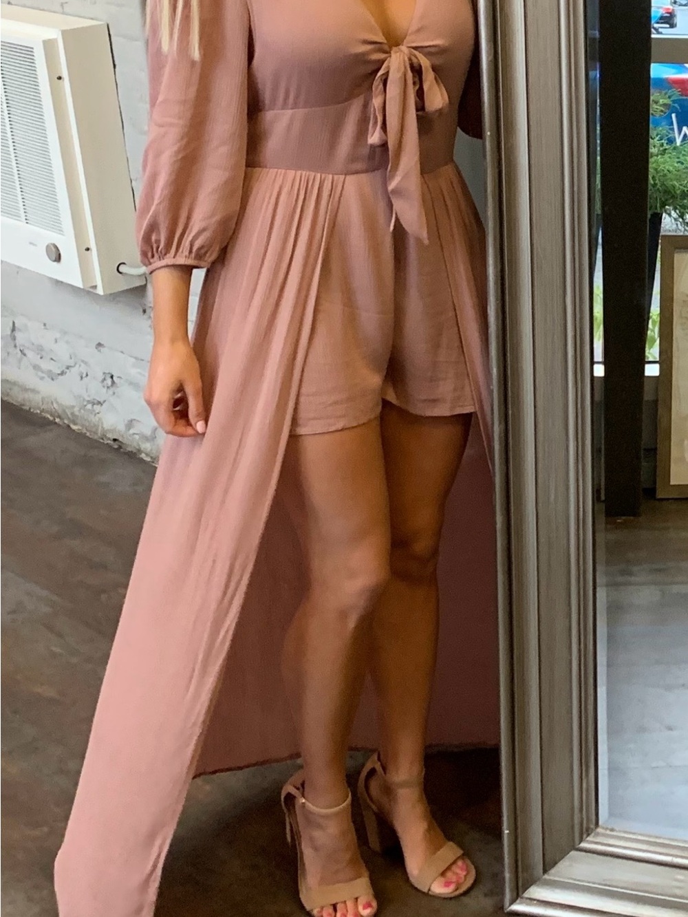 Pink Lily Dusty Rose Maxi Romper Dress with Tie Front